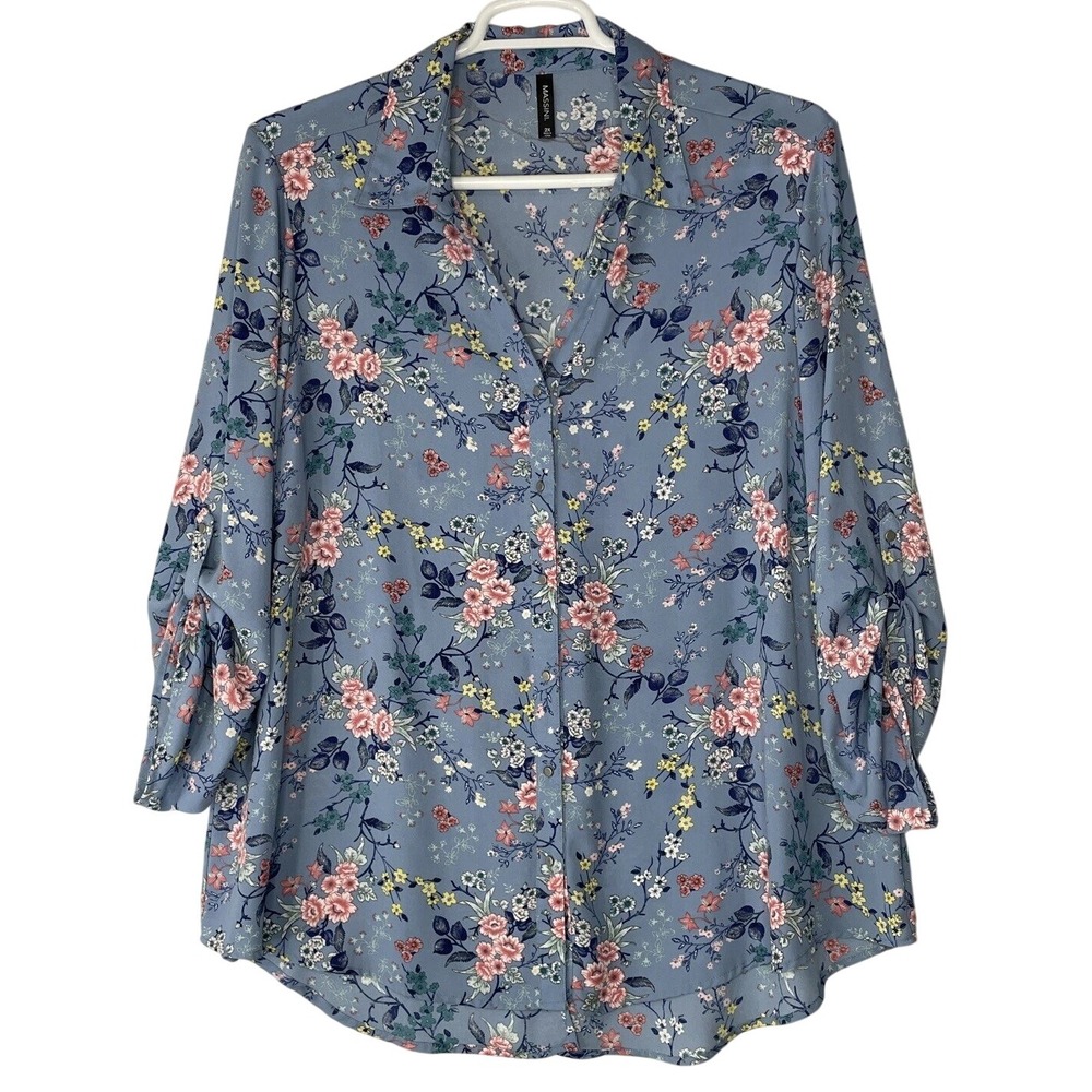 Massini Top Blouse | Plus Size 1X Blue‎ Floral 3/4 Tabbed Sleeves Button Down Up
